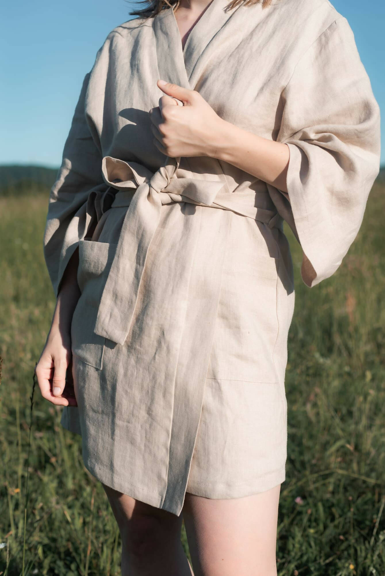 Linen Kimono Dress Mini Beige - 100% Organic Linen