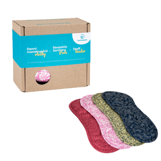 Bamboolik Reusable Sanitary Pad | Satin & Organic Cotton | Color: Set of 4: Red, Pink, Yellow, Dark Blue, Variant: Gift Box (Push Button)
