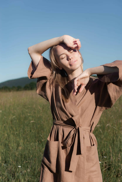 Leinen-Kimono-Kleid Braun – 100 % Bio-Leinen