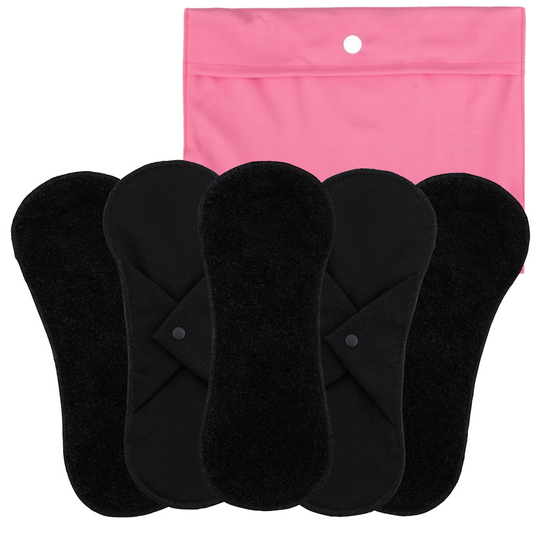 Reusable Sanitary Pad | Organic Cotton Terry | Push Button, set of 5 - Black + XS Wetbag Pink