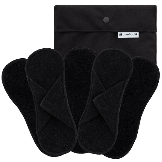 Reusable Sanitary Pad| Organic Cotton | Velcro closure, set of 5 - Black + mini Wetbag Black