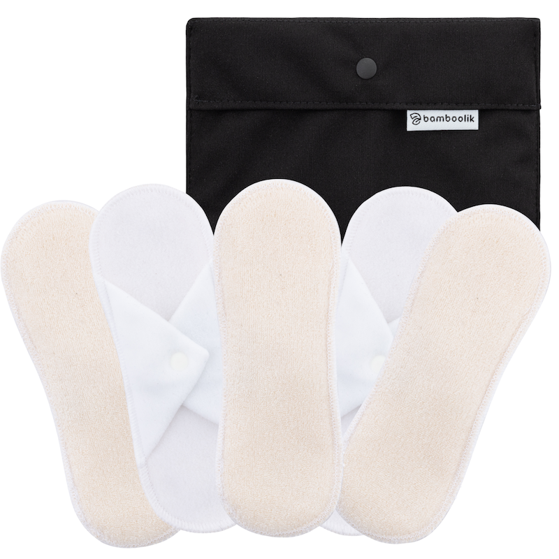 Reusable Sanitary Pad | Organic Cotton Terry | Button, set of 5 - nature + mini wetbag black