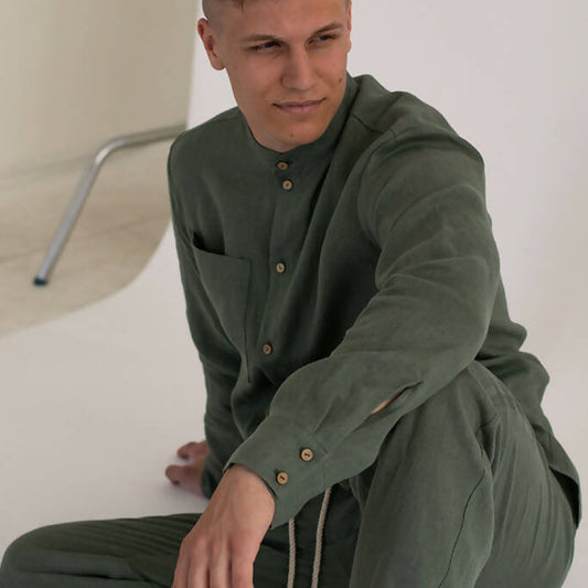 Pine men's linen shirt with stand collar - 100% organic linen