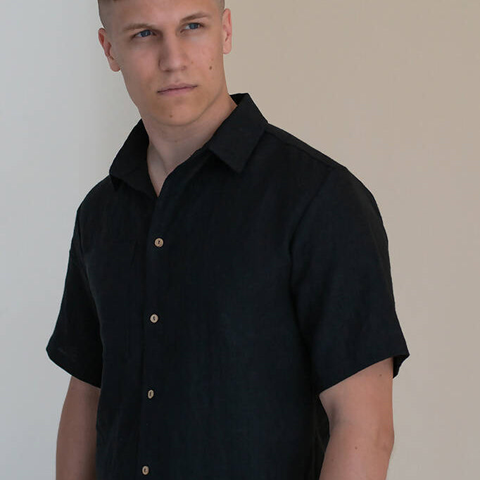 Black Men's linen shirt - Short sleeve - 100% organic linen