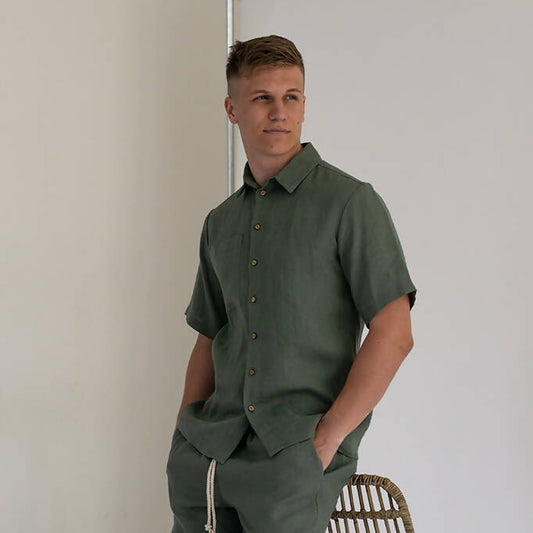 Pine Men's linen shirt - Short sleeve - 100% organic linen