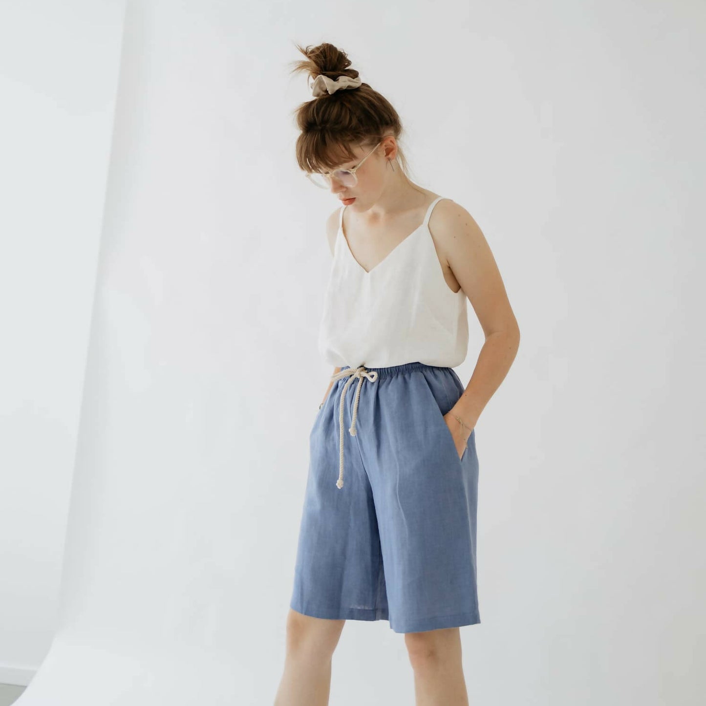 Cornflower blue linen loose shorts - 100% organic linen
