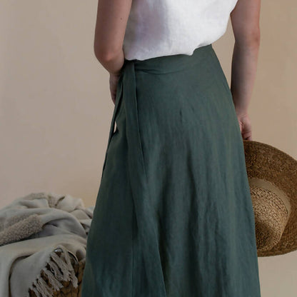 Pine Green Linen Wrap Skirt - 100% organic linen