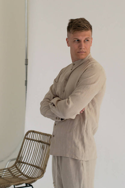Camisa de hombre de lino con cuello alzado - 100 % lino orgánico