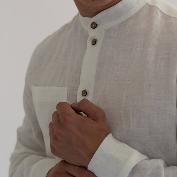 White men's linen shirt with stand collar - 100% organic linen