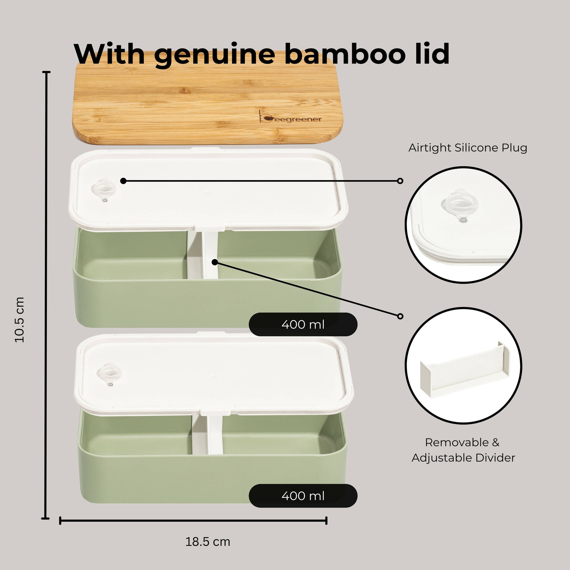 Antibacterial Bento Box - Bamboo Fiber - Silicone - Green - White