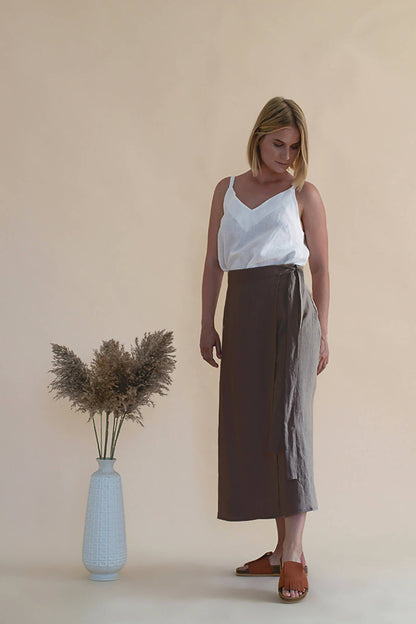 Cocoa Linen Wrap Skirt - 100% organic linen