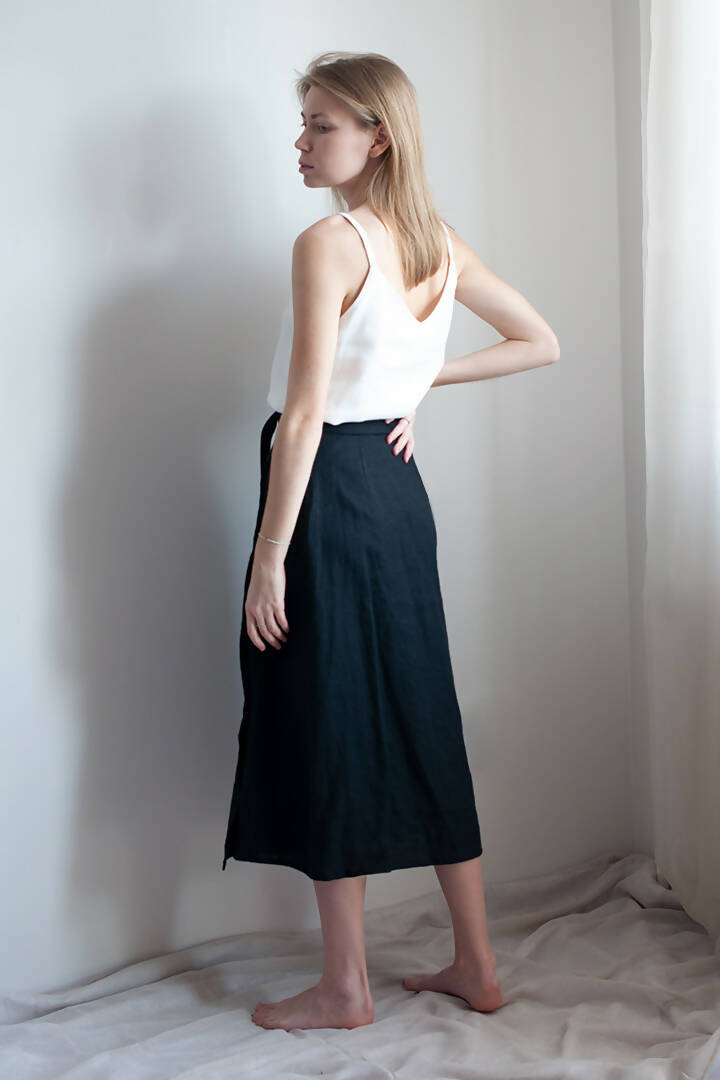 Black Linen Wrap Skirt - 100% organic linen