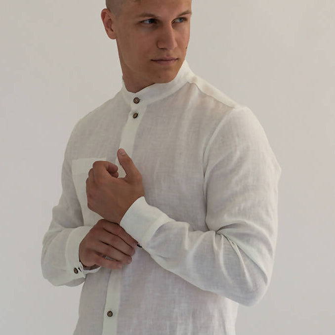 White men's linen shirt with stand collar - 100% organic linen