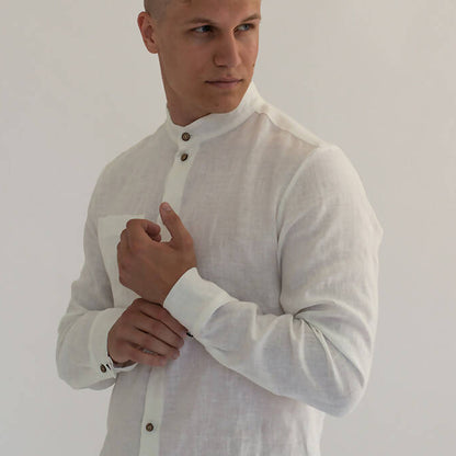 Pine men's linen shirt with stand collar - 100% organic linen