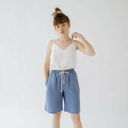 Cornflower blue linen loose shorts - 100% organic linen