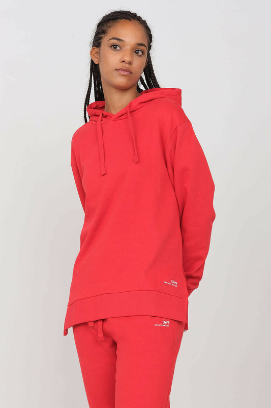 Brushed Hoodie with side slits Red